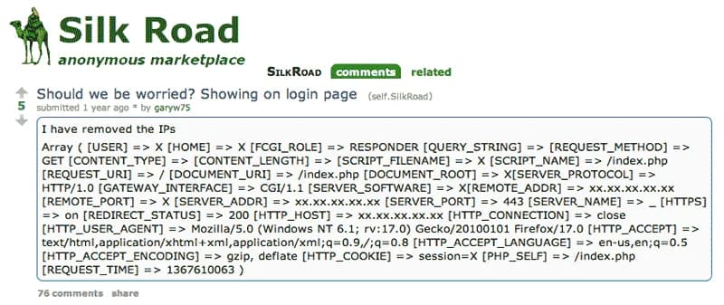 Reddit post showing PHP server variable dump on Silk Road login page
