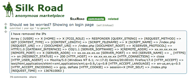Reddit post showing PHP server variable dump on Silk Road login page